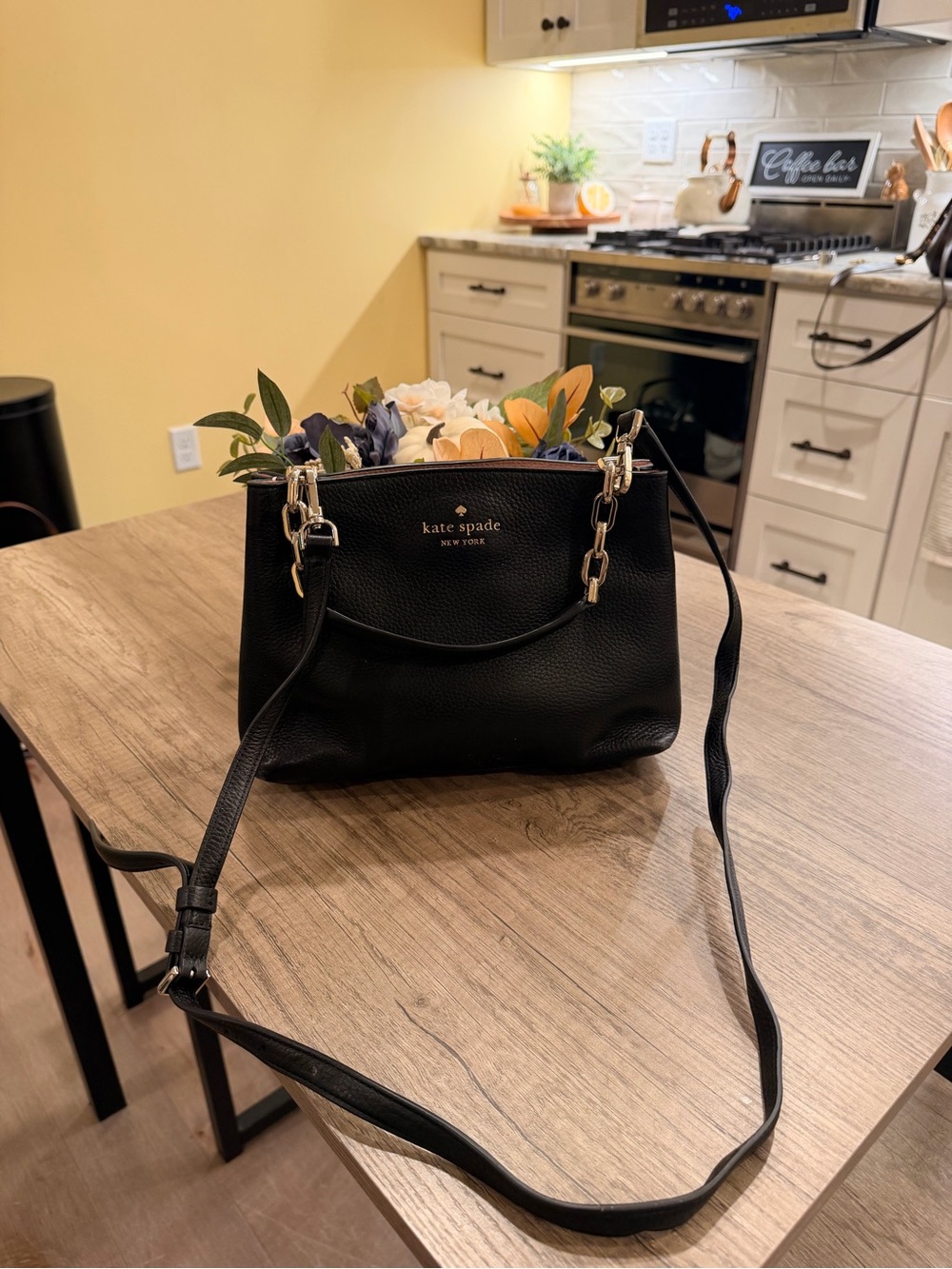 kate spade Black Leather Shoulder Bag with Pink Interior Accents & Gold Hardware
